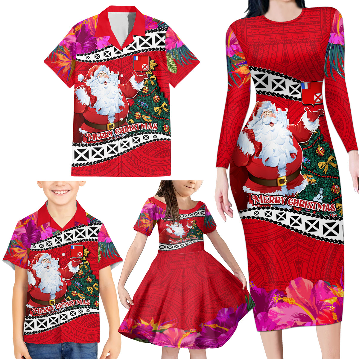 Wallis and Futuna Christmas Family Matching Long Sleeve Bodycon Dress and Hawaiian Shirt Santa Claus Holding Coat of Arms Polynesian Xmas Style LT03 - Polynesian Pride