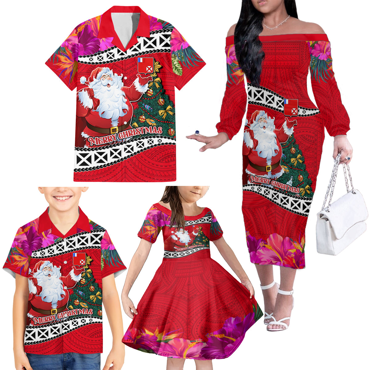 Wallis and Futuna Christmas Family Matching Off Shoulder Long Sleeve Dress and Hawaiian Shirt Santa Claus Holding Coat of Arms Polynesian Xmas Style LT03 - Polynesian Pride