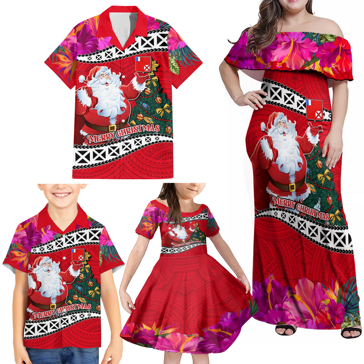 Wallis and Futuna Christmas Family Matching Off Shoulder Maxi Dress and Hawaiian Shirt Santa Claus Holding Coat of Arms Polynesian Xmas Style LT03 - Polynesian Pride