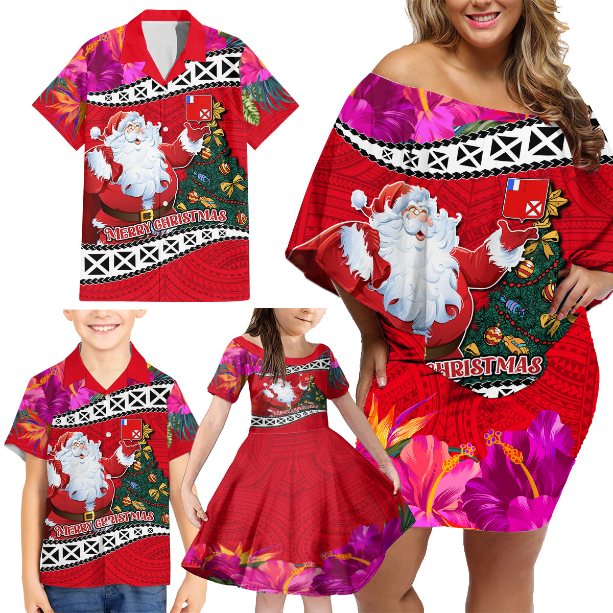 Wallis and Futuna Christmas Family Matching Off Shoulder Short Dress and Hawaiian Shirt Santa Claus Holding Coat of Arms Polynesian Xmas Style LT03 - Polynesian Pride