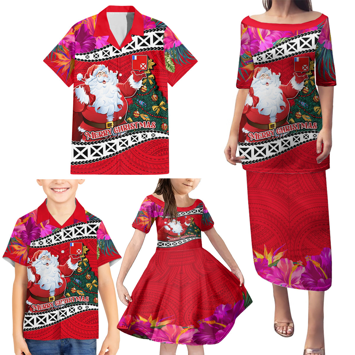 Wallis and Futuna Christmas Family Matching Puletasi Dress and Hawaiian Shirt Santa Claus Holding Coat of Arms Polynesian Xmas Style LT03 - Polynesian Pride