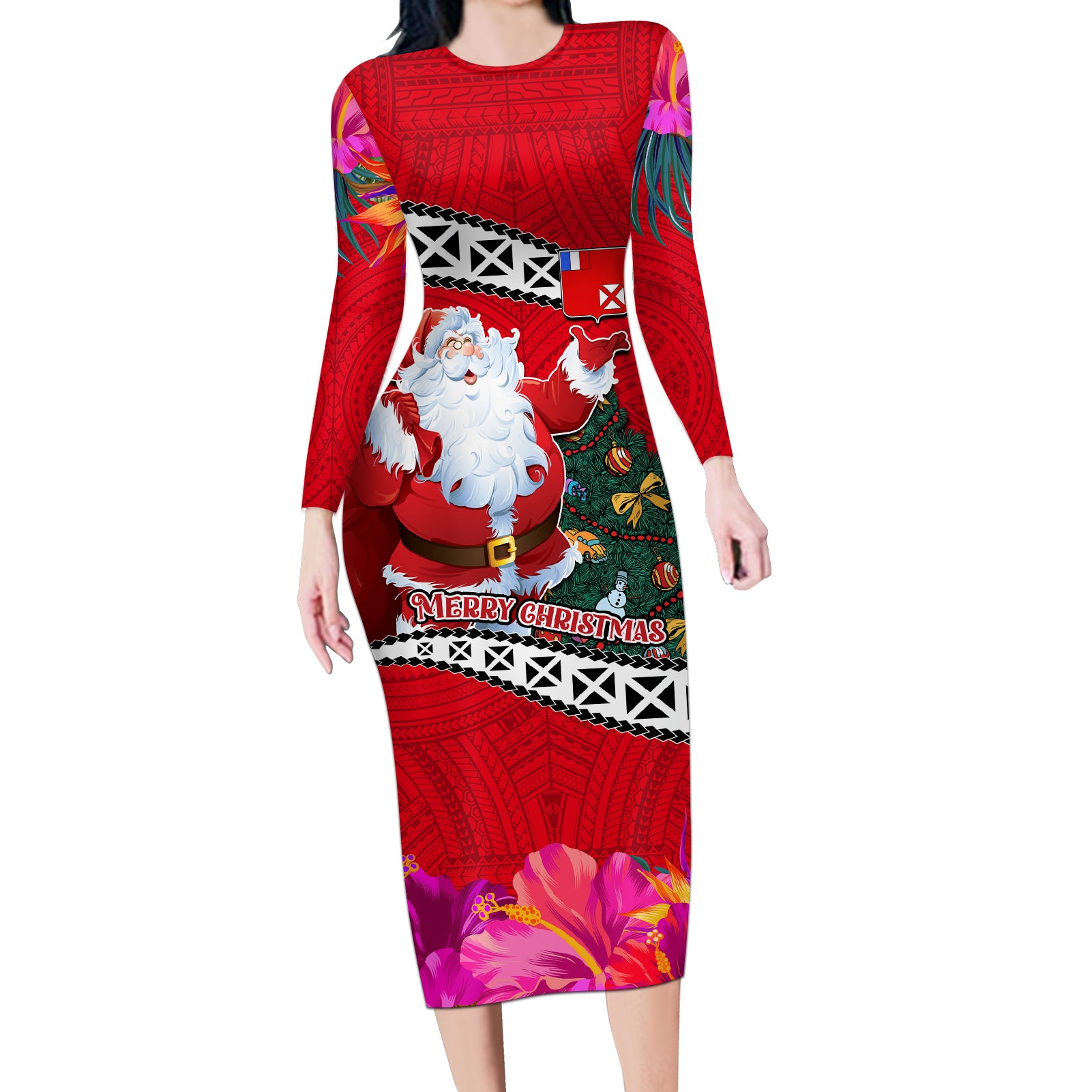 Wallis and Futuna Christmas Long Sleeve Bodycon Dress Santa Claus Holding Coat of Arms Polynesian Xmas Style LT03 Long Dress Red - Polynesian Pride