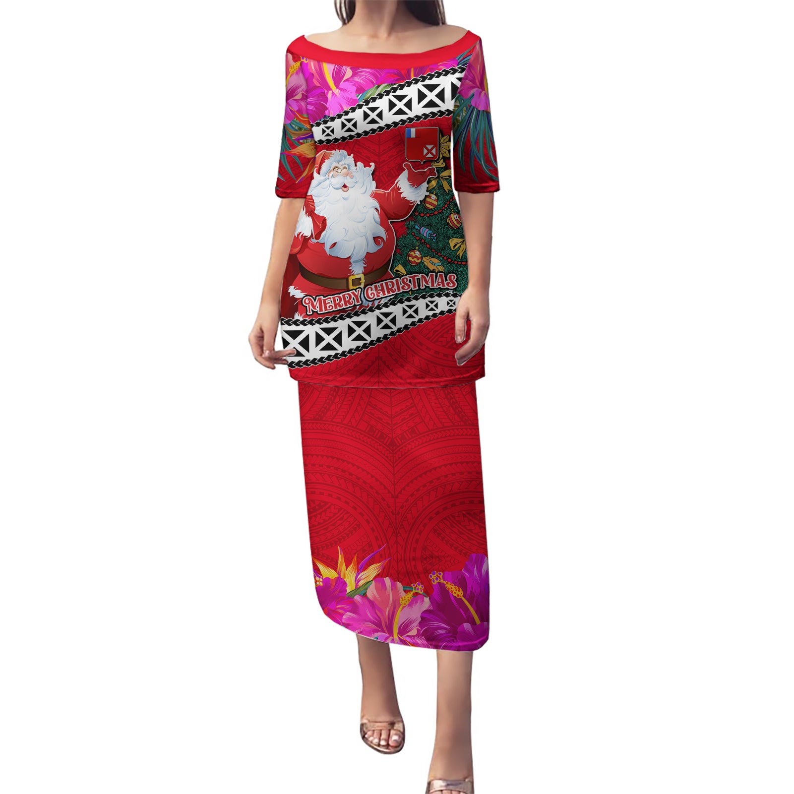 Wallis and Futuna Christmas Puletasi Santa Claus Holding Coat of Arms Polynesian Xmas Style LT03 Long Dress Red - Polynesian Pride