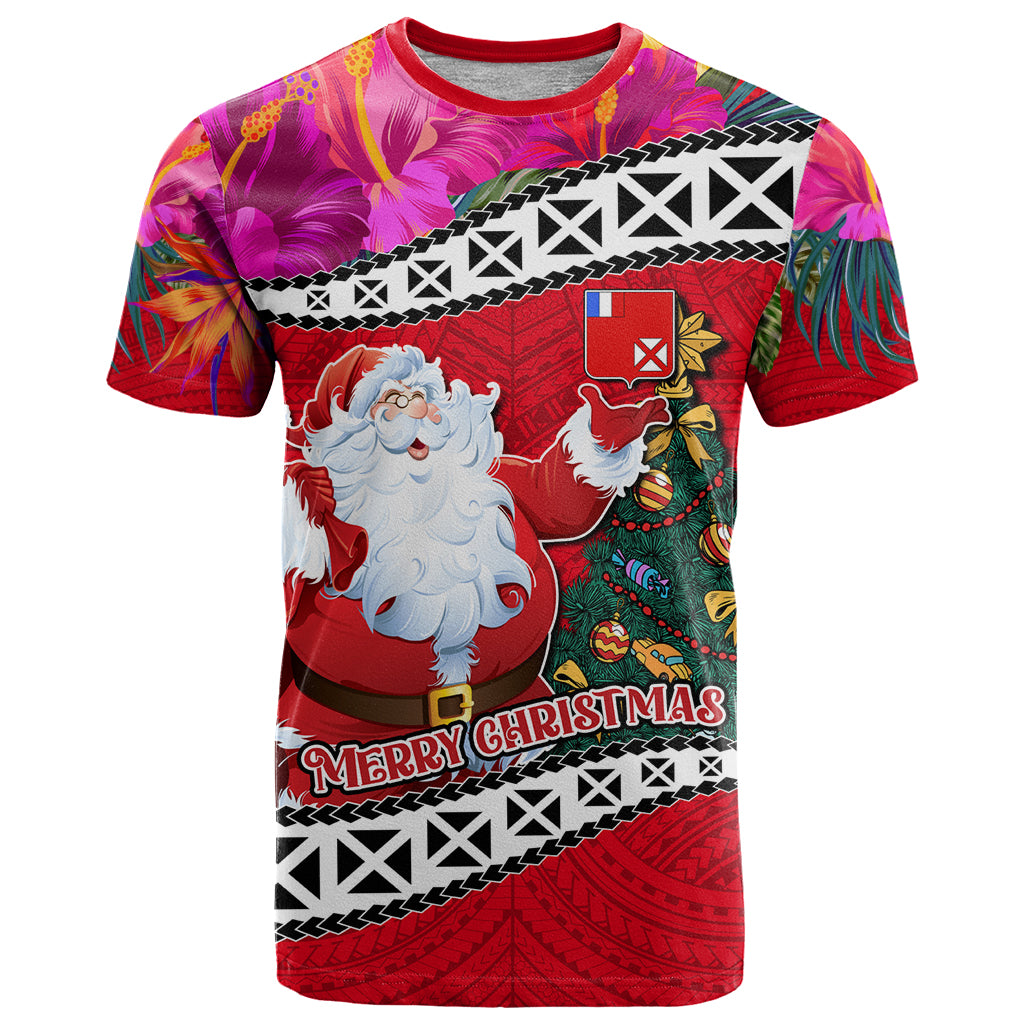 Wallis and Futuna Christmas T Shirt Santa Claus Holding Coat of Arms Polynesian Xmas Style LT03 Red - Polynesian Pride