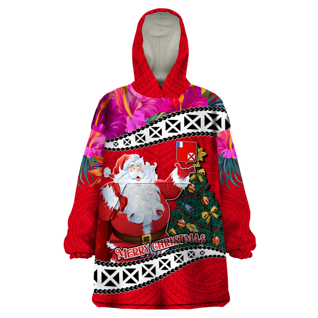 Wallis and Futuna Christmas Wearable Blanket Hoodie Santa Claus Holding Coat of Arms Polynesian Xmas Style LT03 One Size Red - Polynesian Pride