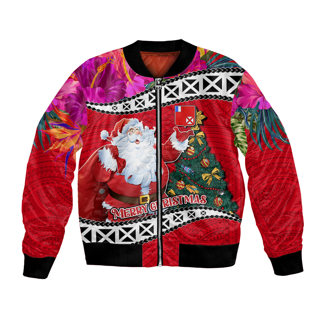 Custom Wallis and Futuna Christmas Bomber Jacket Santa Claus Holding Coat of Arms Polynesian Xmas Style LT03 Unisex Red - Polynesian Pride