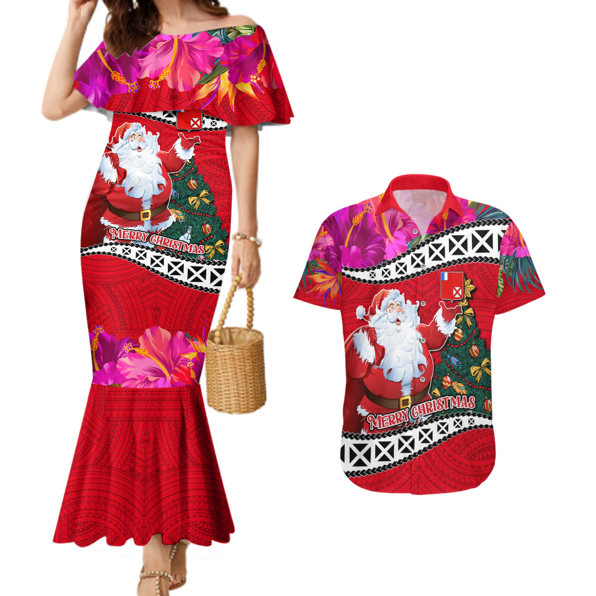 Custom Wallis and Futuna Christmas Couples Matching Mermaid Dress and Hawaiian Shirt Santa Claus Holding Coat of Arms Polynesian Xmas Style LT03 Red - Polynesian Pride