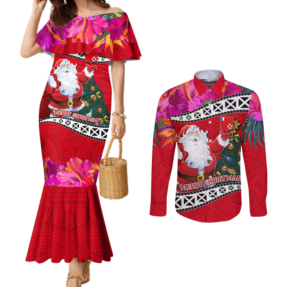 Custom Wallis and Futuna Christmas Couples Matching Mermaid Dress and Long Sleeve Button Shirt Santa Claus Holding Coat of Arms Polynesian Xmas Style LT03 Red - Polynesian Pride