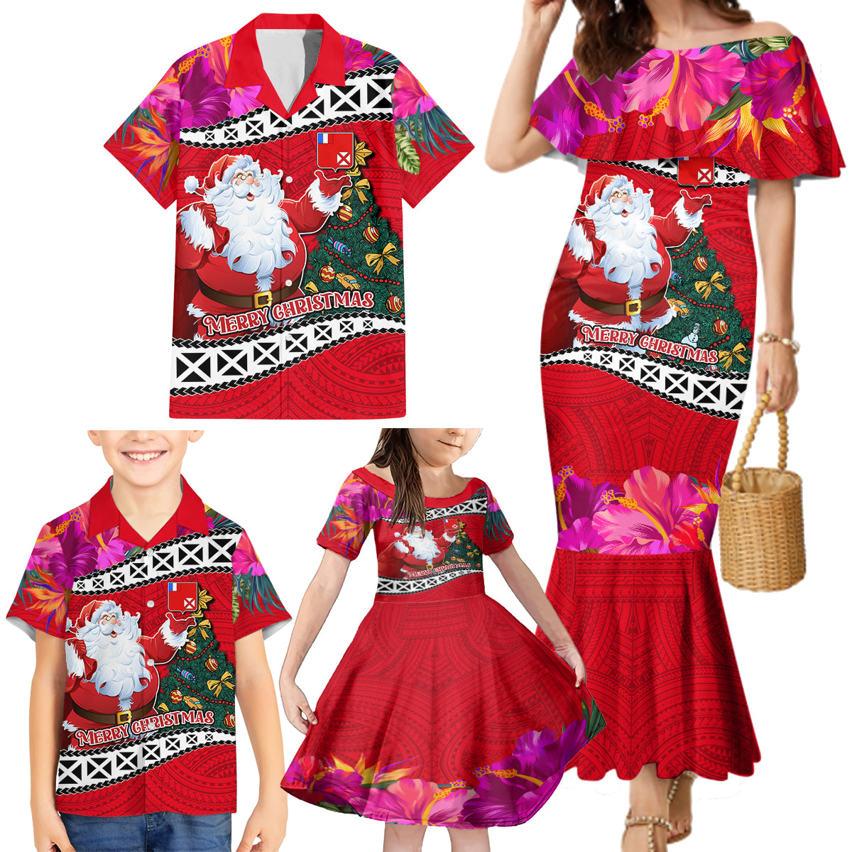 Custom Wallis and Futuna Christmas Family Matching Mermaid Dress and Hawaiian Shirt Santa Claus Holding Coat of Arms Polynesian Xmas Style LT03 - Polynesian Pride