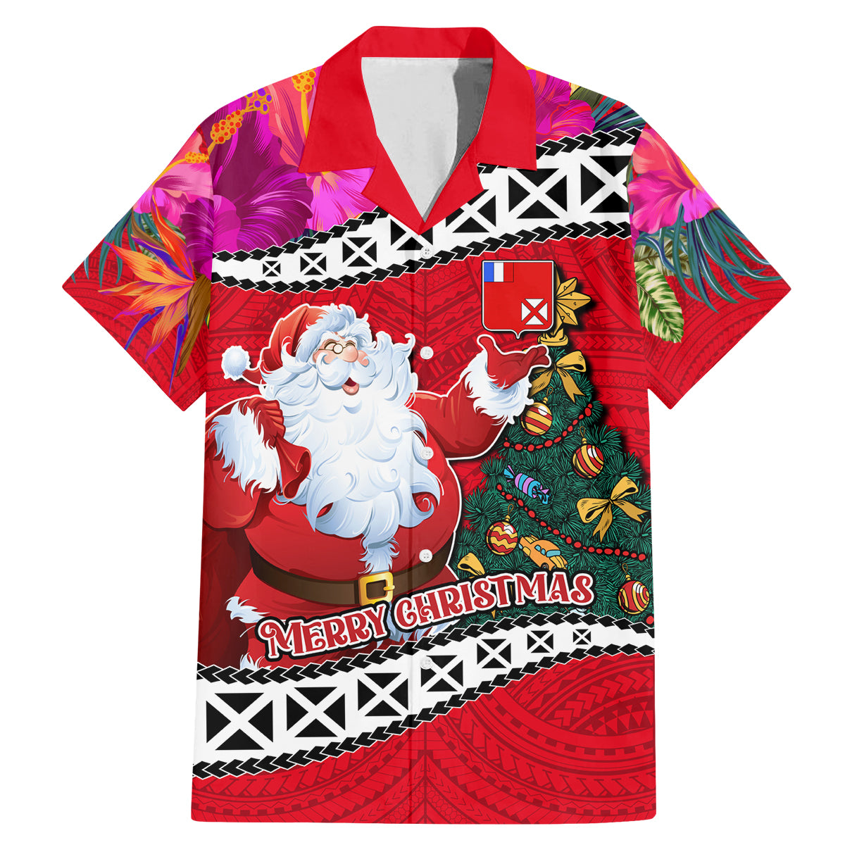 Custom Wallis and Futuna Christmas Family Matching Mermaid Dress and Hawaiian Shirt Santa Claus Holding Coat of Arms Polynesian Xmas Style LT03 Dad's Shirt - Short Sleeve Red - Polynesian Pride