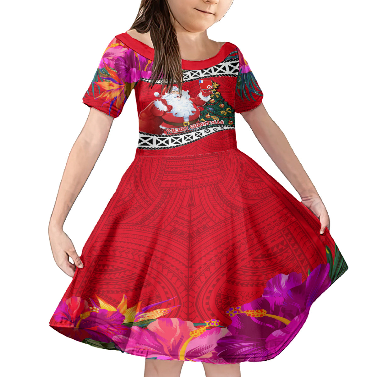 Custom Wallis and Futuna Christmas Family Matching Summer Maxi Dress and Hawaiian Shirt Santa Claus Holding Coat of Arms Polynesian Xmas Style LT03 Daughter's Dress Red - Polynesian Pride