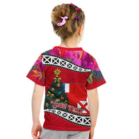 Custom Wallis and Futuna Christmas Kid T Shirt Santa Claus Holding Coat of Arms Polynesian Xmas Style LT03 - Polynesian Pride