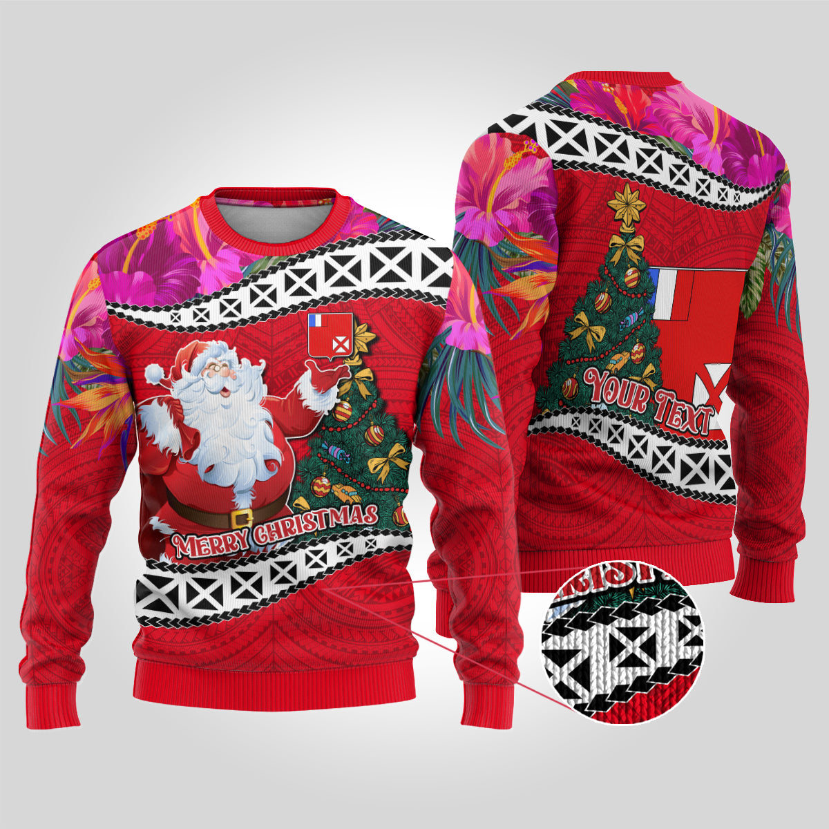 Custom Wallis and Futuna Christmas Ugly Christmas Sweater Santa Claus Holding Coat of Arms Polynesian Xmas Style LT03 Red - Polynesian Pride