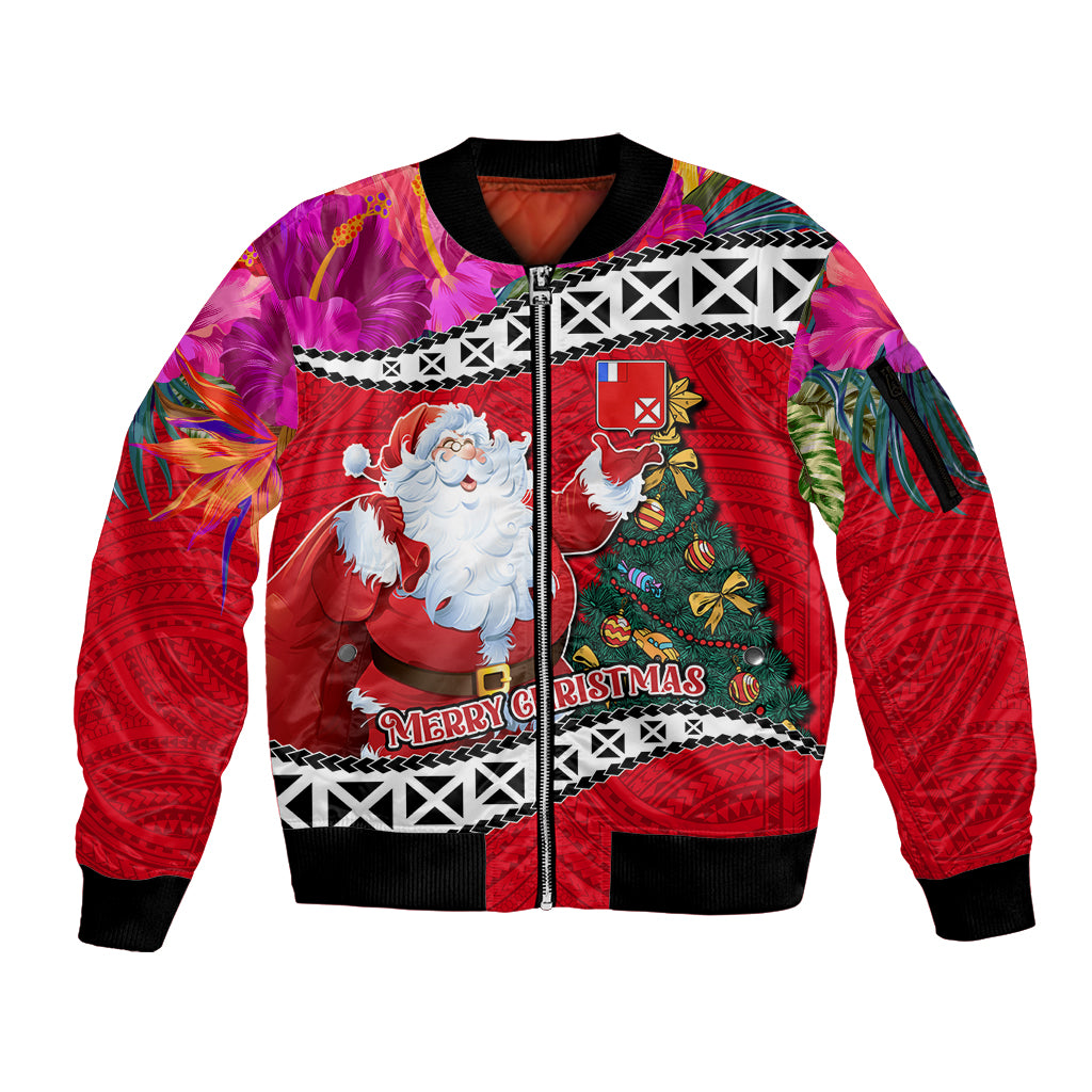 Custom Wallis and Futuna Christmas Sleeve Zip Bomber Jacket Santa Claus Holding Coat of Arms Polynesian Xmas Style LT03 Unisex Red - Polynesian Pride