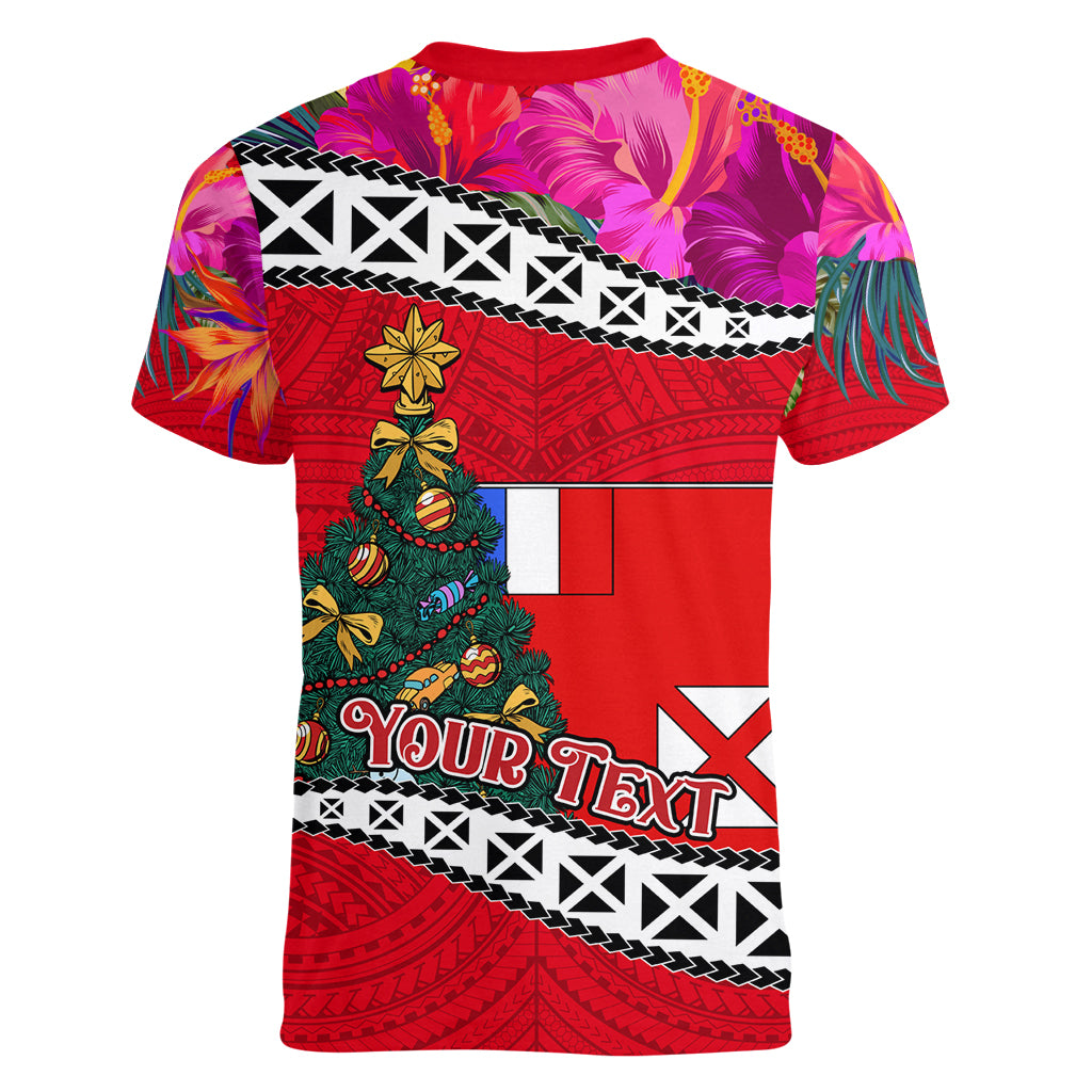 Custom Wallis and Futuna Christmas Women V Neck T Shirt Santa Claus Holding Coat of Arms Polynesian Xmas Style LT03 - Polynesian Pride