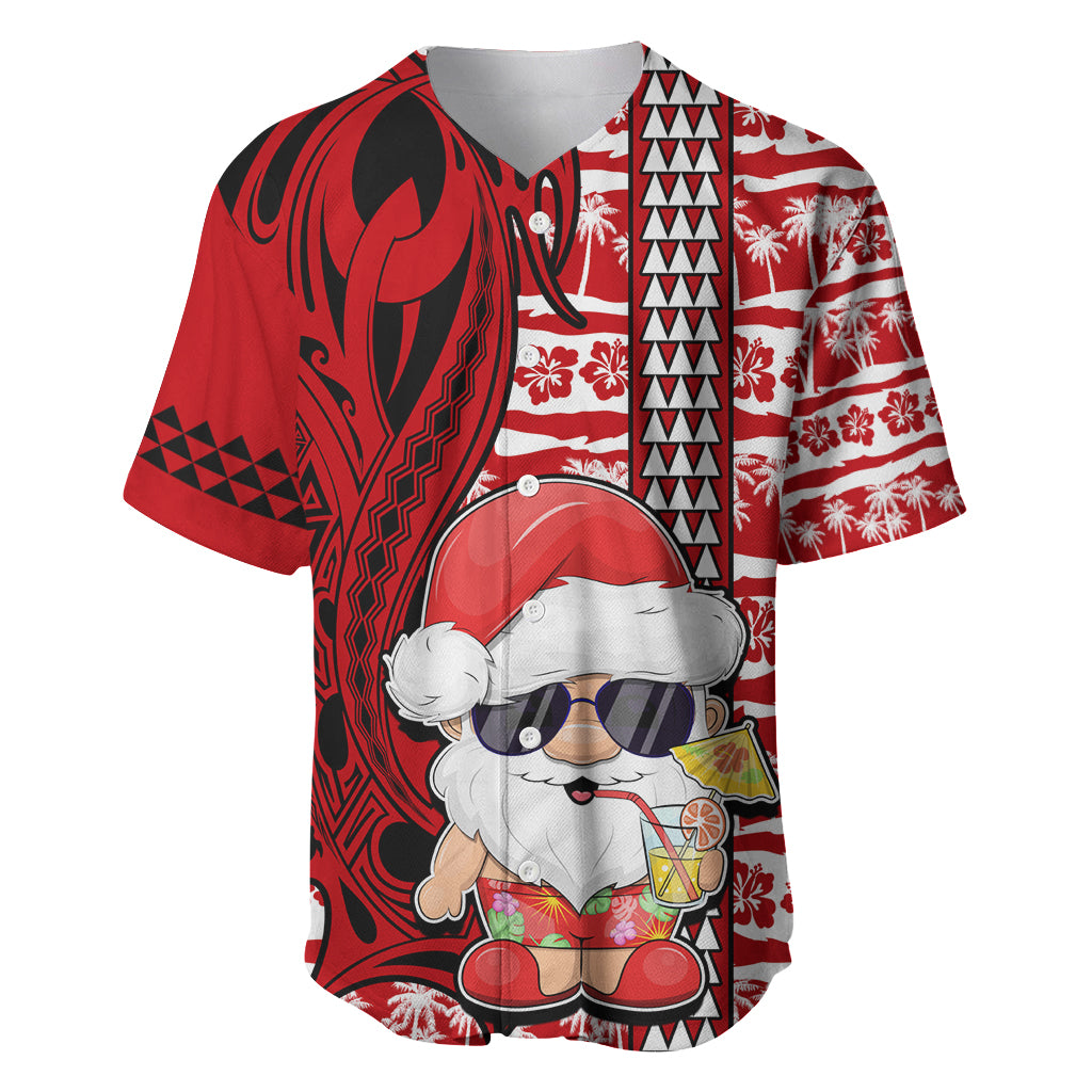 Mele Kalikimaka Hawaii Christmas Baseball Jersey Santa Claus Kakau Tribal Mix Polynesia Tattoo LT03 Red - Polynesian Pride