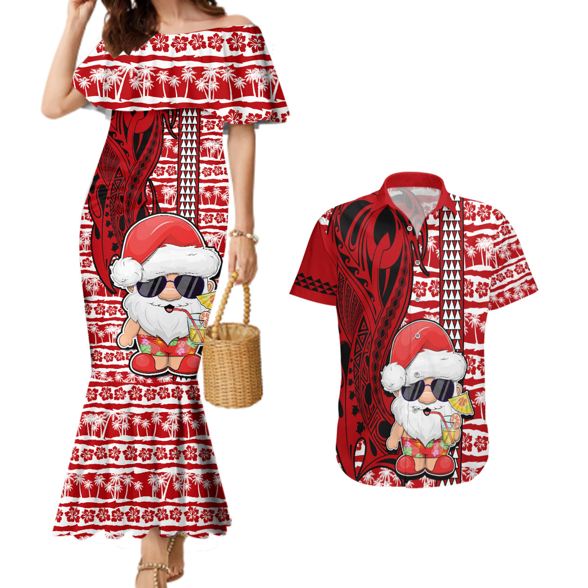 Mele Kalikimaka Hawaii Christmas Couples Matching Mermaid Dress and Hawaiian Shirt Santa Claus Kakau Tribal Mix Polynesia Tattoo LT03 Red - Polynesian Pride