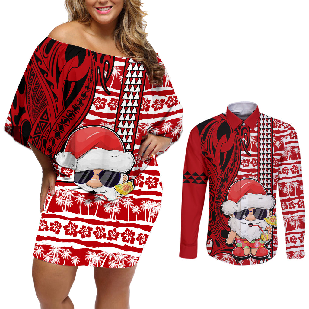 Mele Kalikimaka Hawaii Christmas Couples Matching Off Shoulder Short Dress and Long Sleeve Button Shirt Santa Claus Kakau Tribal Mix Polynesia Tattoo LT03 Red - Polynesian Pride
