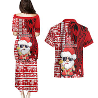 Mele Kalikimaka Hawaii Christmas Couples Matching Puletasi Dress and Hawaiian Shirt Santa Claus Kakau Tribal Mix Polynesia Tattoo LT03 - Polynesian Pride