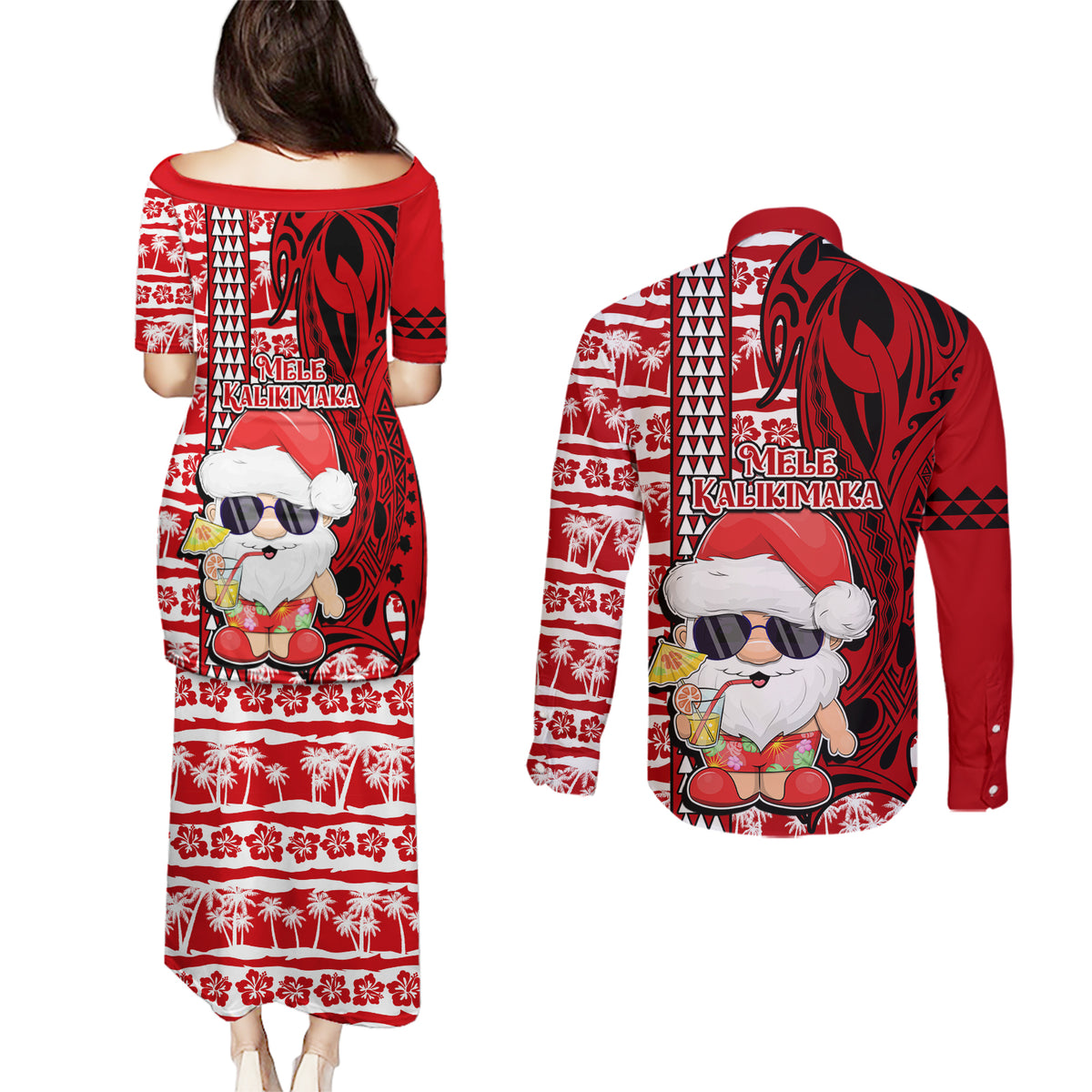 Mele Kalikimaka Hawaii Christmas Couples Matching Puletasi Dress and Long Sleeve Button Shirt Santa Claus Kakau Tribal Mix Polynesia Tattoo LT03 - Polynesian Pride