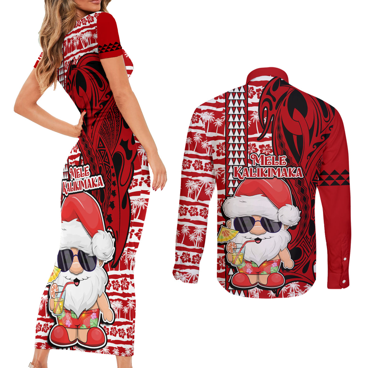 Mele Kalikimaka Hawaii Christmas Couples Matching Short Sleeve Bodycon Dress and Long Sleeve Button Shirt Santa Claus Kakau Tribal Mix Polynesia Tattoo LT03 - Polynesian Pride