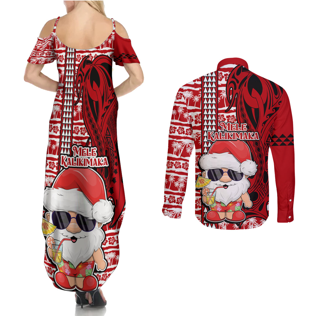 Mele Kalikimaka Hawaii Christmas Couples Matching Summer Maxi Dress and Long Sleeve Button Shirt Santa Claus Kakau Tribal Mix Polynesia Tattoo LT03 - Polynesian Pride