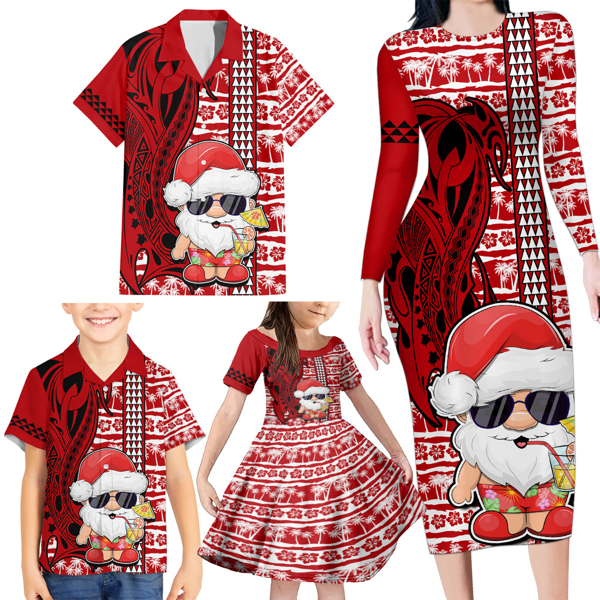 Mele Kalikimaka Hawaii Christmas Family Matching Long Sleeve Bodycon Dress and Hawaiian Shirt Santa Claus Kakau Tribal Mix Polynesia Tattoo LT03 - Polynesian Pride