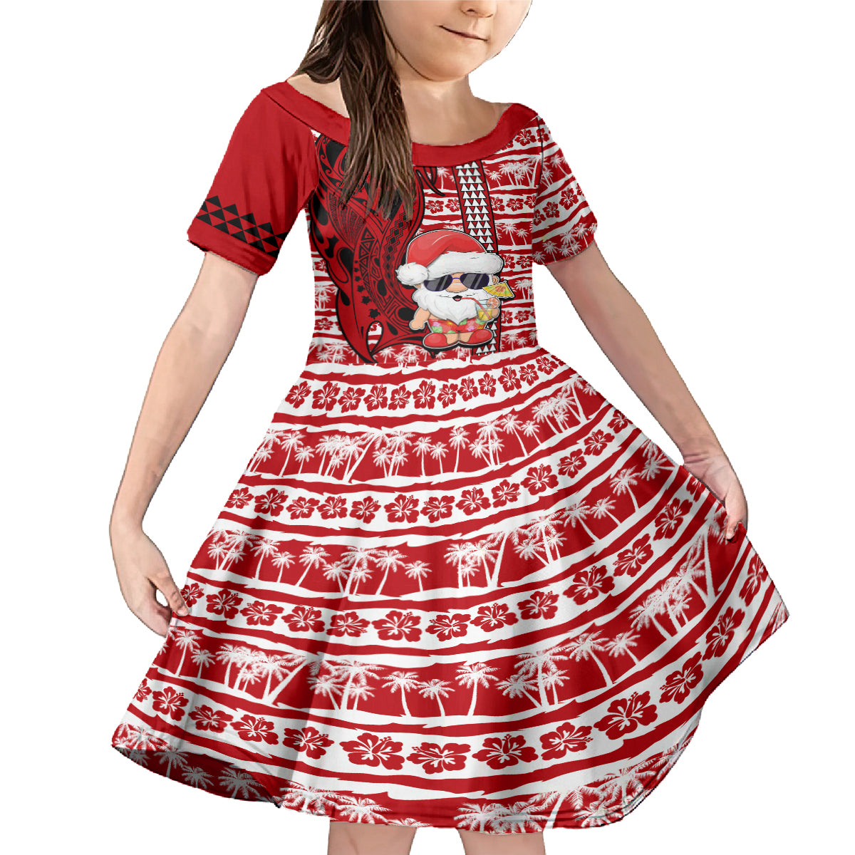 Mele Kalikimaka Hawaii Christmas Family Matching Mermaid Dress and Hawaiian Shirt Santa Claus Kakau Tribal Mix Polynesia Tattoo LT03 Daughter's Dress Red - Polynesian Pride