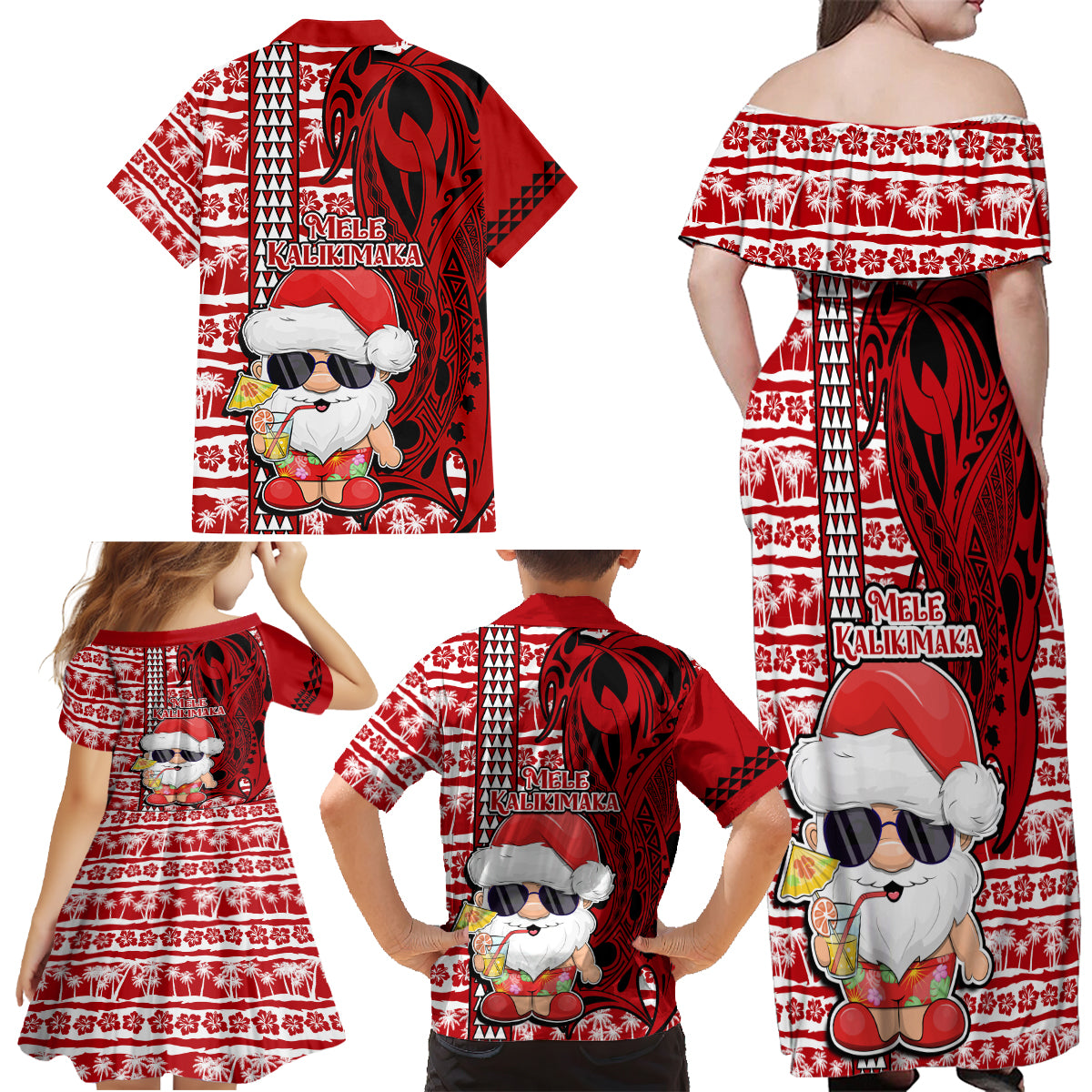 Mele Kalikimaka Hawaii Christmas Family Matching Off Shoulder Maxi Dress and Hawaiian Shirt Santa Claus Kakau Tribal Mix Polynesia Tattoo LT03 - Polynesian Pride