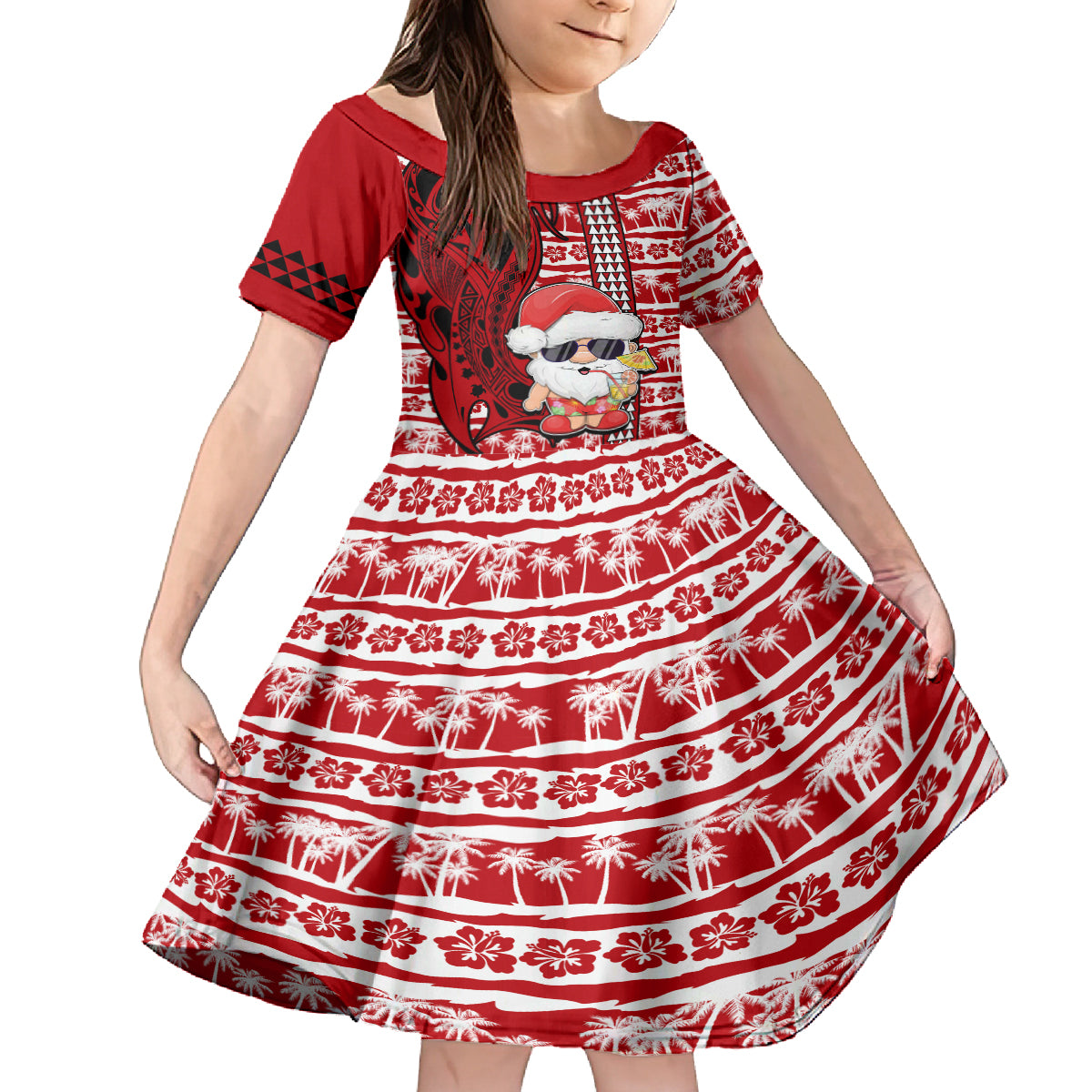 Mele Kalikimaka Hawaii Christmas Family Matching Off Shoulder Short Dress and Hawaiian Shirt Santa Claus Kakau Tribal Mix Polynesia Tattoo LT03 Daughter's Dress Red - Polynesian Pride