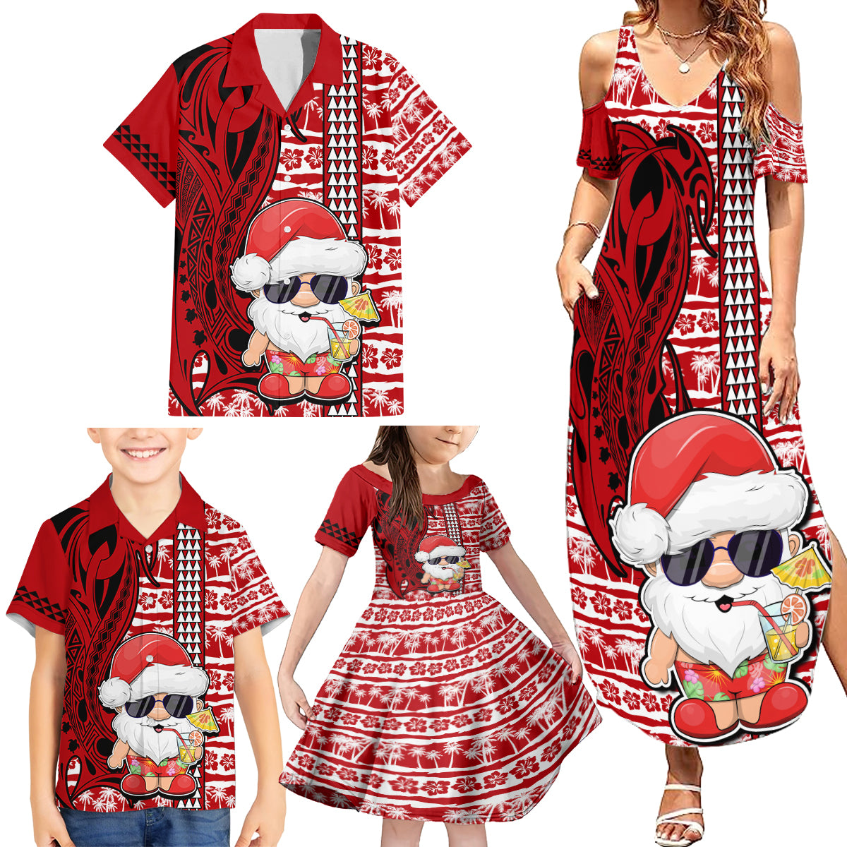 Mele Kalikimaka Hawaii Christmas Family Matching Summer Maxi Dress and Hawaiian Shirt Santa Claus Kakau Tribal Mix Polynesia Tattoo LT03 - Polynesian Pride