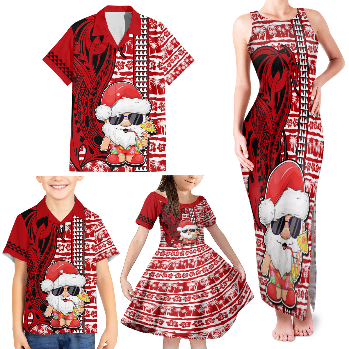 Mele Kalikimaka Hawaii Christmas Family Matching Tank Maxi Dress and Hawaiian Shirt Santa Claus Kakau Tribal Mix Polynesia Tattoo LT03 - Polynesian Pride