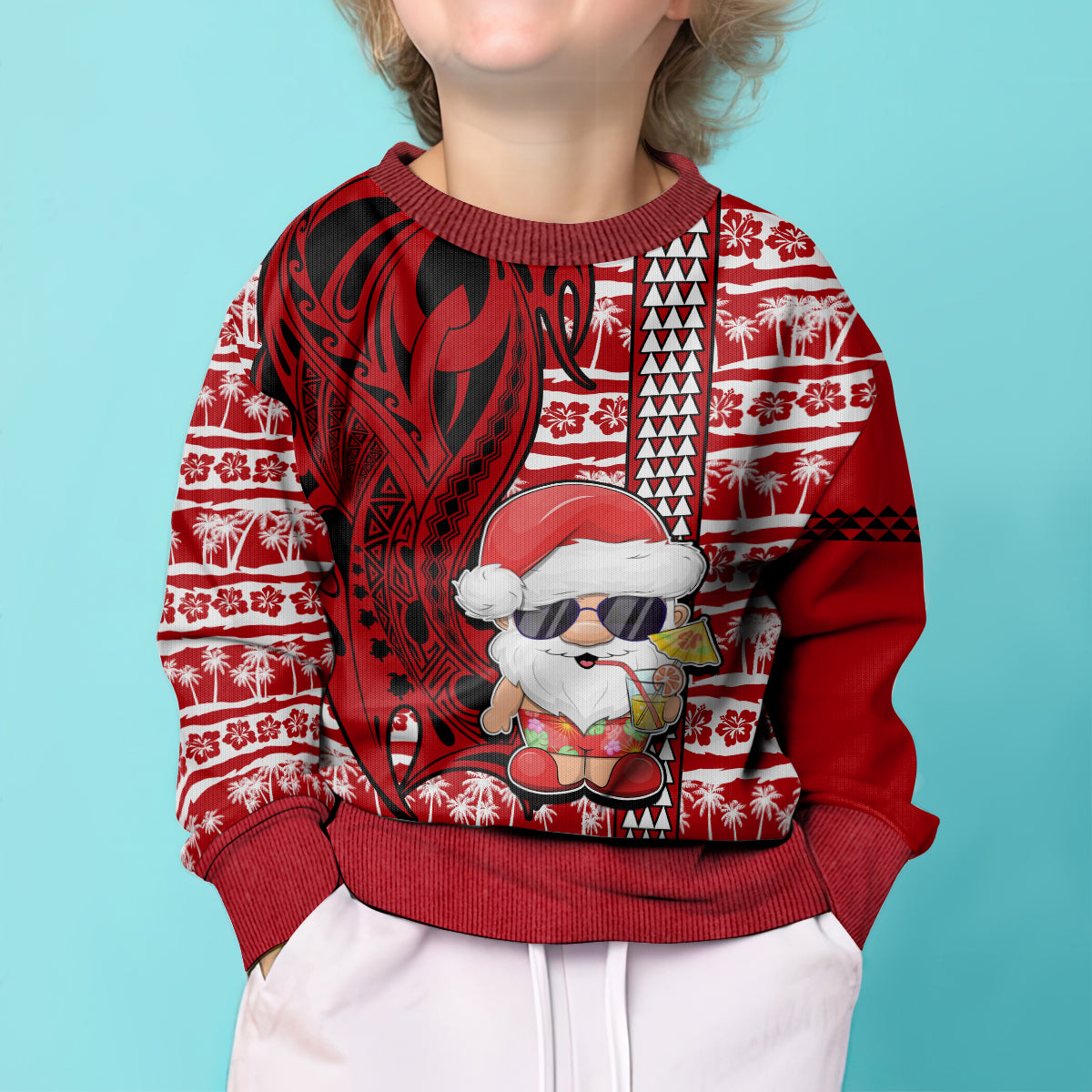 Mele Kalikimaka Hawaii Christmas Kid Ugly Christmas Sweater Santa Claus Kakau Tribal Mix Polynesia Tattoo LT03 - Polynesian Pride