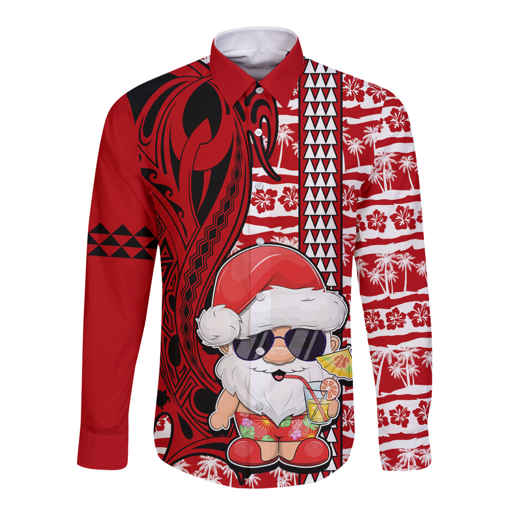 Mele Kalikimaka Hawaii Christmas Long Sleeve Button Shirt Santa Claus Kakau Tribal Mix Polynesia Tattoo LT03 Unisex Red - Polynesian Pride