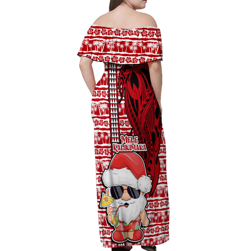 Mele Kalikimaka Hawaii Christmas Off Shoulder Maxi Dress Santa Claus Kakau Tribal Mix Polynesia Tattoo LT03 - Polynesian Pride
