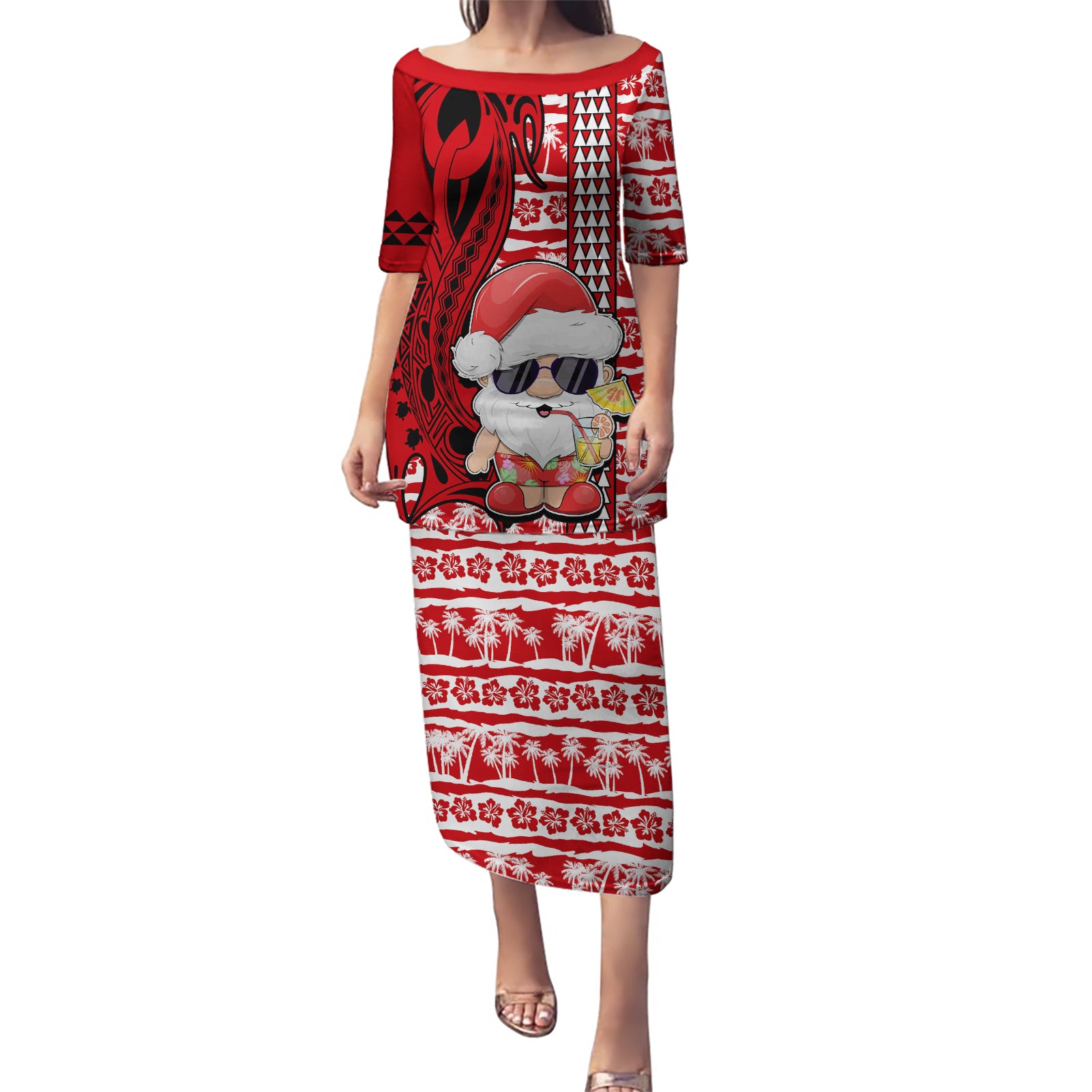 Mele Kalikimaka Hawaii Christmas Puletasi Santa Claus Kakau Tribal Mix Polynesia Tattoo LT03 Long Dress Red - Polynesian Pride