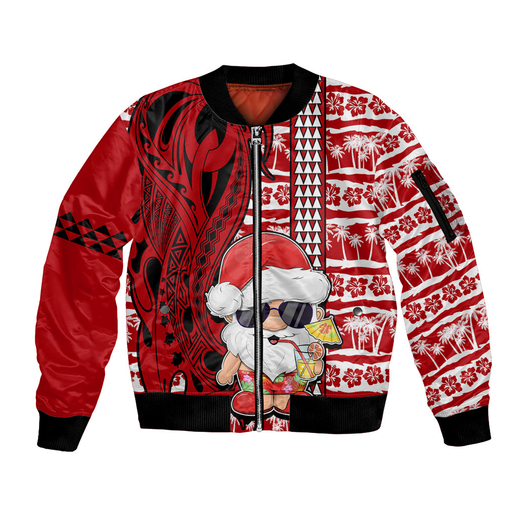 Mele Kalikimaka Hawaii Christmas Sleeve Zip Bomber Jacket Santa Claus Kakau Tribal Mix Polynesia Tattoo LT03 Unisex Red - Polynesian Pride
