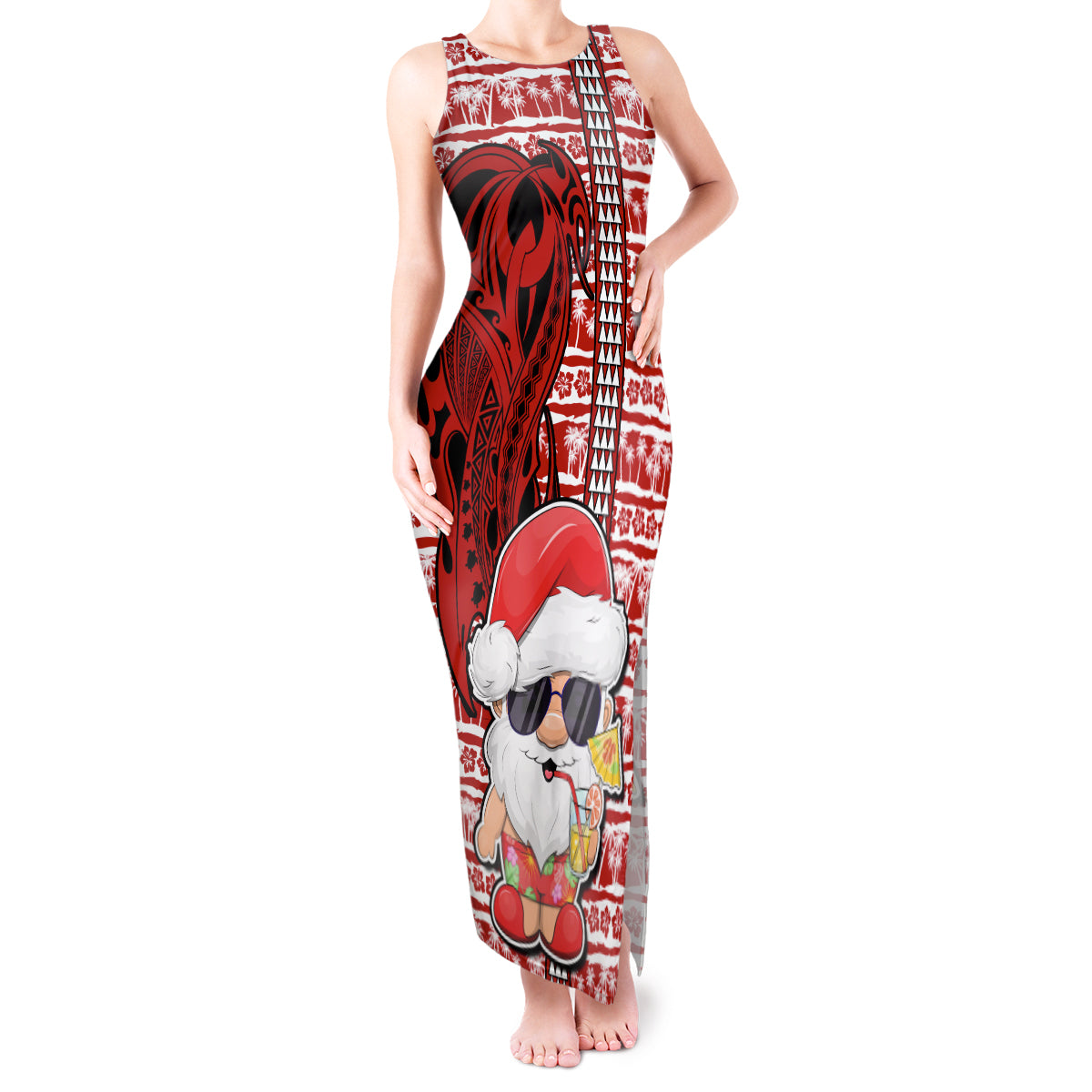 Mele Kalikimaka Hawaii Christmas Tank Maxi Dress Santa Claus Kakau Tribal Mix Polynesia Tattoo LT03 Women Red - Polynesian Pride