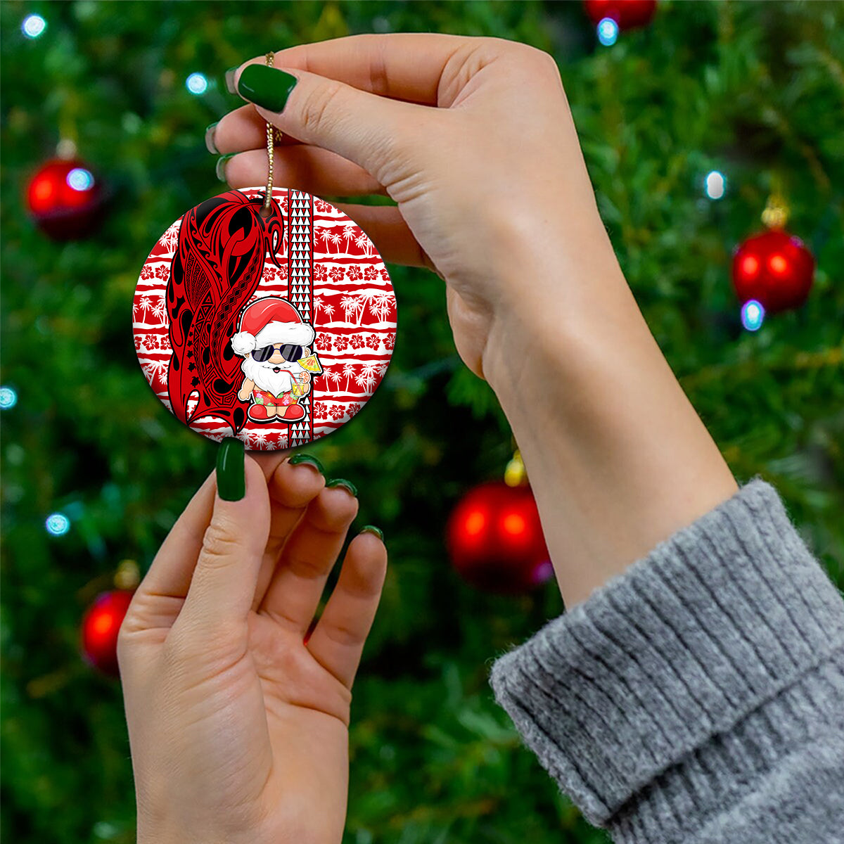 Custom Mele Kalikimaka Hawaii Christmas Ceramic Ornament Santa Claus Kakau Tribal Mix Polynesia Tattoo LT03 - Polynesian Pride