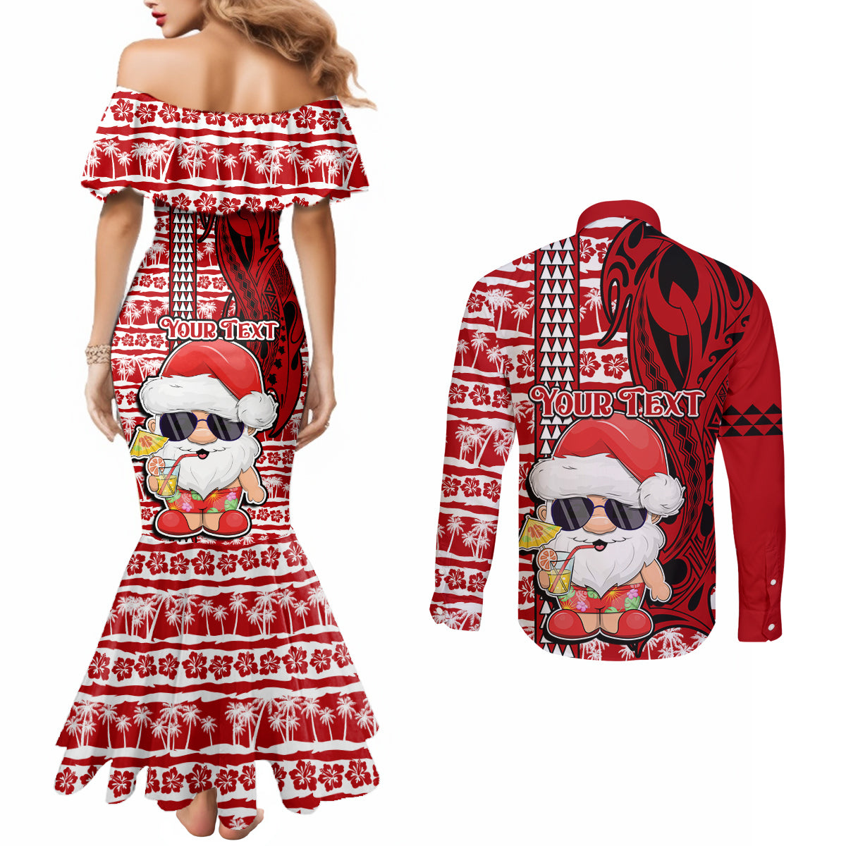 Custom Mele Kalikimaka Hawaii Christmas Couples Matching Mermaid Dress and Long Sleeve Button Shirt Santa Claus Kakau Tribal Mix Polynesia Tattoo LT03 - Polynesian Pride