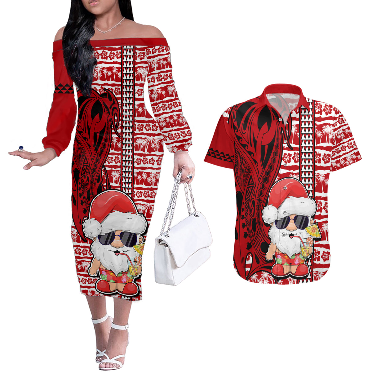 Custom Mele Kalikimaka Hawaii Christmas Couples Matching Off The Shoulder Long Sleeve Dress and Hawaiian Shirt Santa Claus Kakau Tribal Mix Polynesia Tattoo LT03 Red - Polynesian Pride