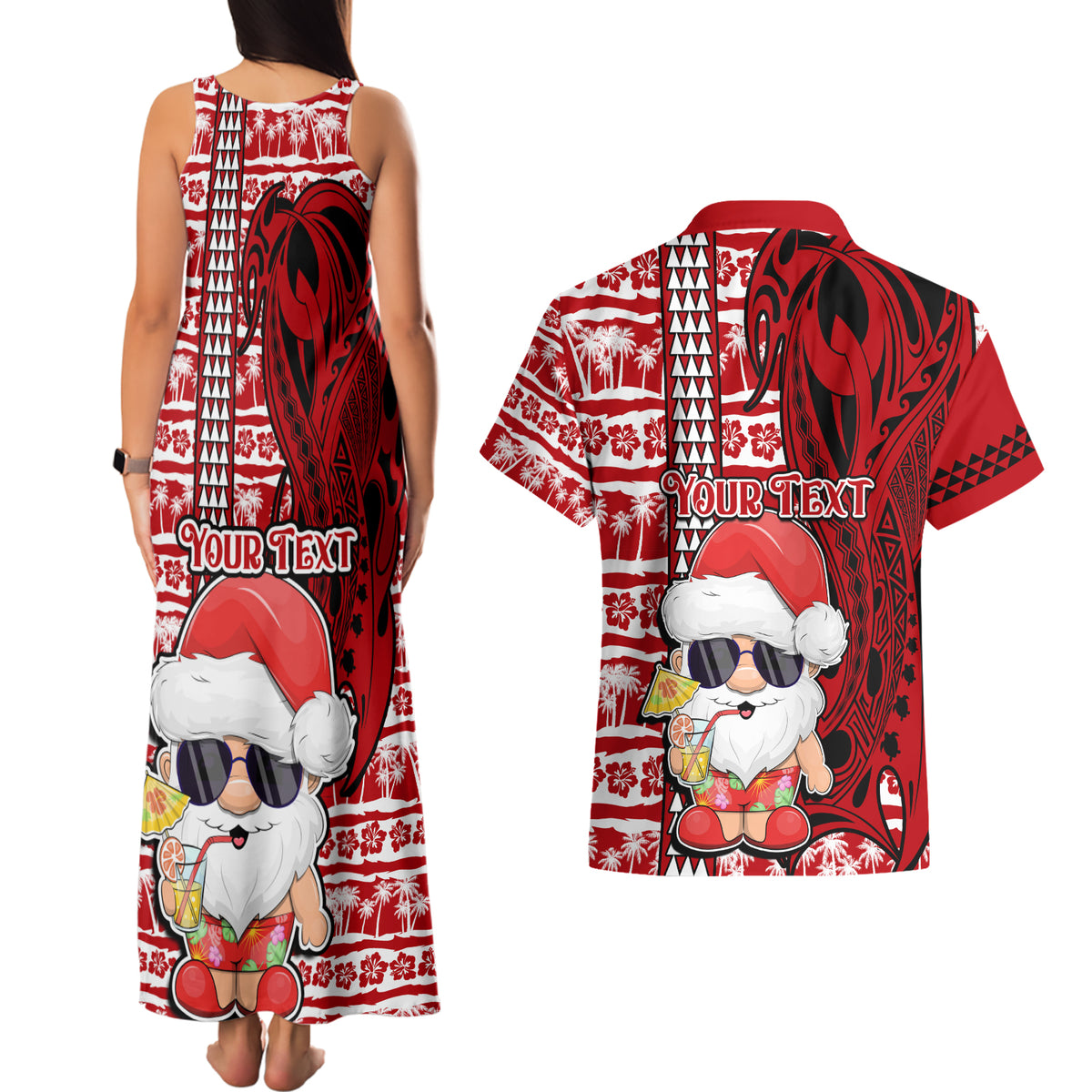 Custom Mele Kalikimaka Hawaii Christmas Couples Matching Tank Maxi Dress and Hawaiian Shirt Santa Claus Kakau Tribal Mix Polynesia Tattoo LT03 - Polynesian Pride