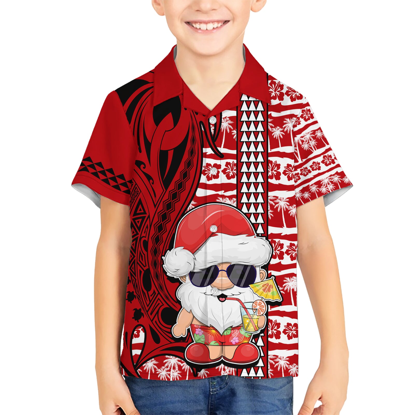 Custom Mele Kalikimaka Hawaii Christmas Kid Hawaiian Shirt Santa Claus Kakau Tribal Mix Polynesia Tattoo LT03 Kid Red - Polynesian Pride