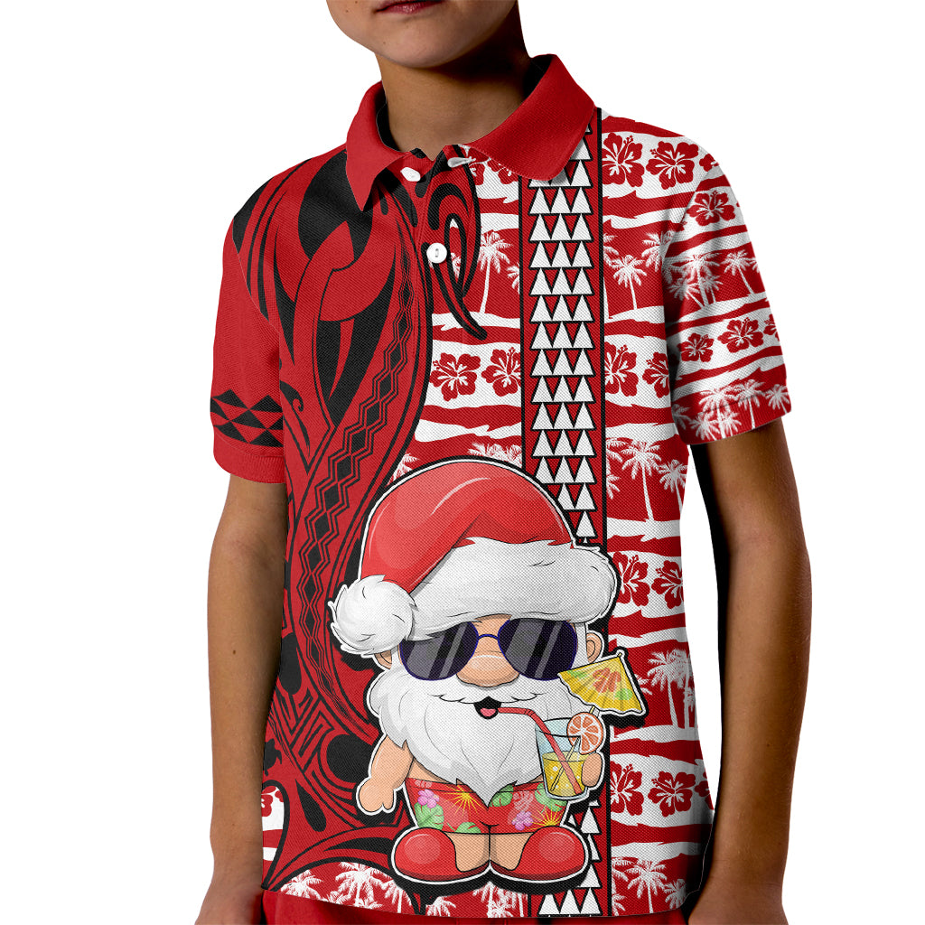 Custom Mele Kalikimaka Hawaii Christmas Kid Polo Shirt Santa Claus Kakau Tribal Mix Polynesia Tattoo LT03 Kid Red - Polynesian Pride