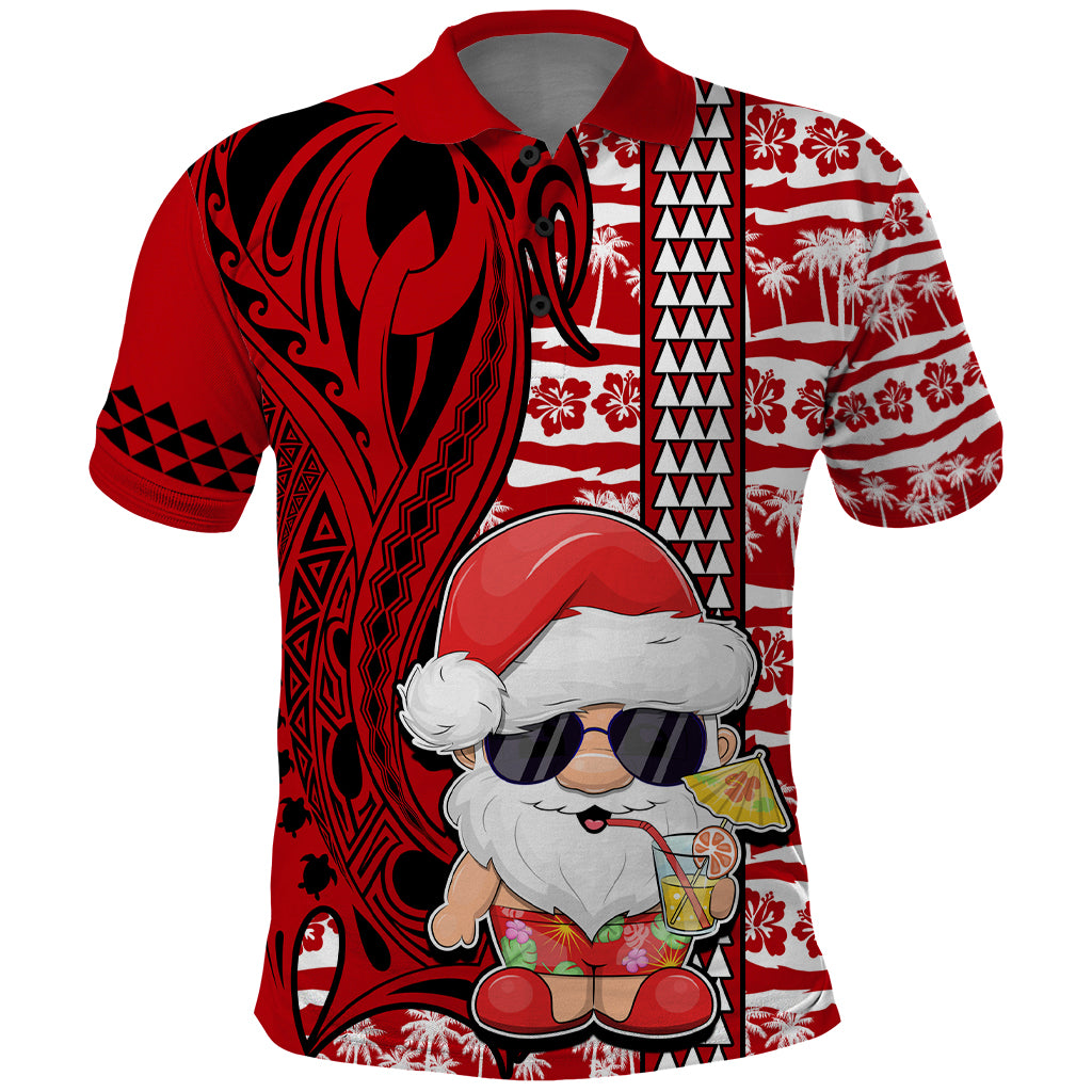 Custom Mele Kalikimaka Hawaii Christmas Polo Shirt Santa Claus Kakau Tribal Mix Polynesia Tattoo LT03 Red - Polynesian Pride