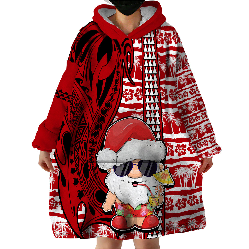 Custom Mele Kalikimaka Hawaii Christmas Wearable Blanket Hoodie Santa Claus Kakau Tribal Mix Polynesia Tattoo LT03 - Polynesian Pride