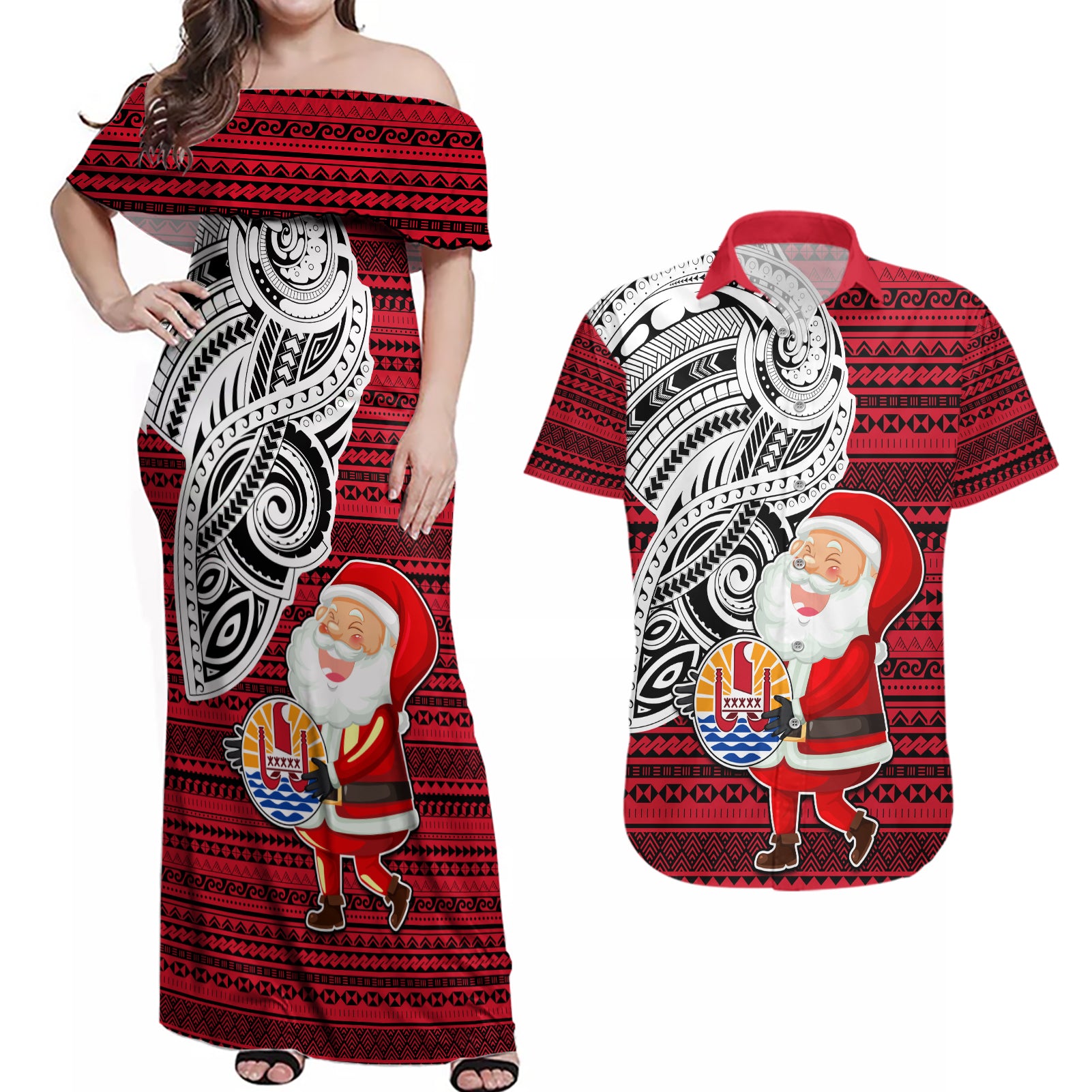 French Polynesia Christmas Couples Matching Off Shoulder Maxi Dress and Hawaiian Shirt Santa Hold Seal with Polynesian Tribal Tattoo LT03 Red - Polynesian Pride