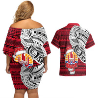 French Polynesia Christmas Couples Matching Off Shoulder Short Dress and Hawaiian Shirt Santa Hold Seal with Polynesian Tribal Tattoo LT03 - Polynesian Pride