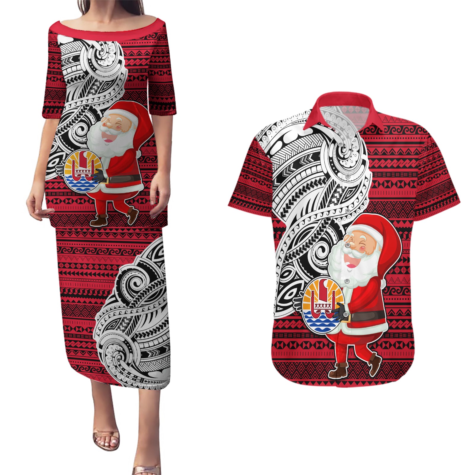 French Polynesia Christmas Couples Matching Puletasi Dress and Hawaiian Shirt Santa Hold Seal with Polynesian Tribal Tattoo LT03 Red - Polynesian Pride