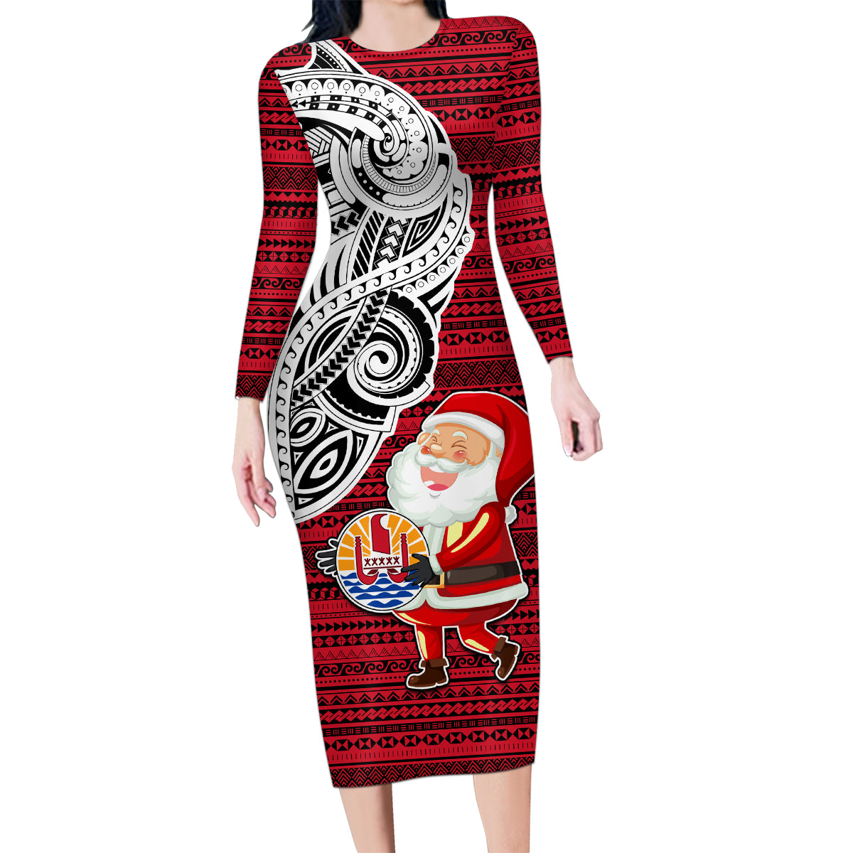 French Polynesia Christmas Family Matching Long Sleeve Bodycon Dress and Hawaiian Shirt Santa Hold Seal with Polynesian Tribal Tattoo LT03 Mom's Dress Red - Polynesian Pride